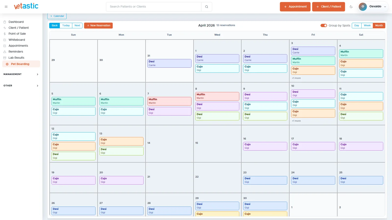 Pet boarding calendar for April 2026 grouped by spot