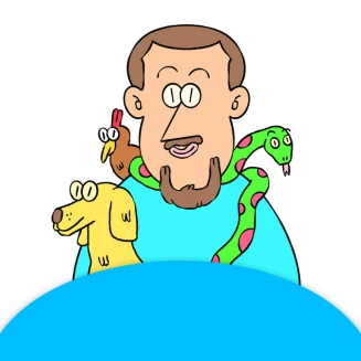 Illustration of Osvaldo M. Lanza with a dog, a bird and a snake