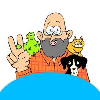 Illustration of Scott Alan Miller with a parrot, a cat and a dog
